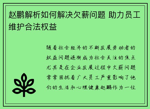 赵鹏解析如何解决欠薪问题 助力员工维护合法权益 赵鹏解析如何解决欠薪问题 助力员工维护合法权益
